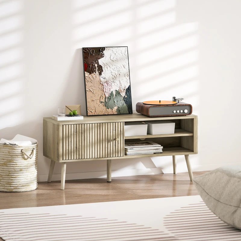 HOMCOM Mesa de TV con Puerta Estante Ajustable Compartimentos Abiertos y Orificio para Televisión hasta 55 Pulgadas Roble