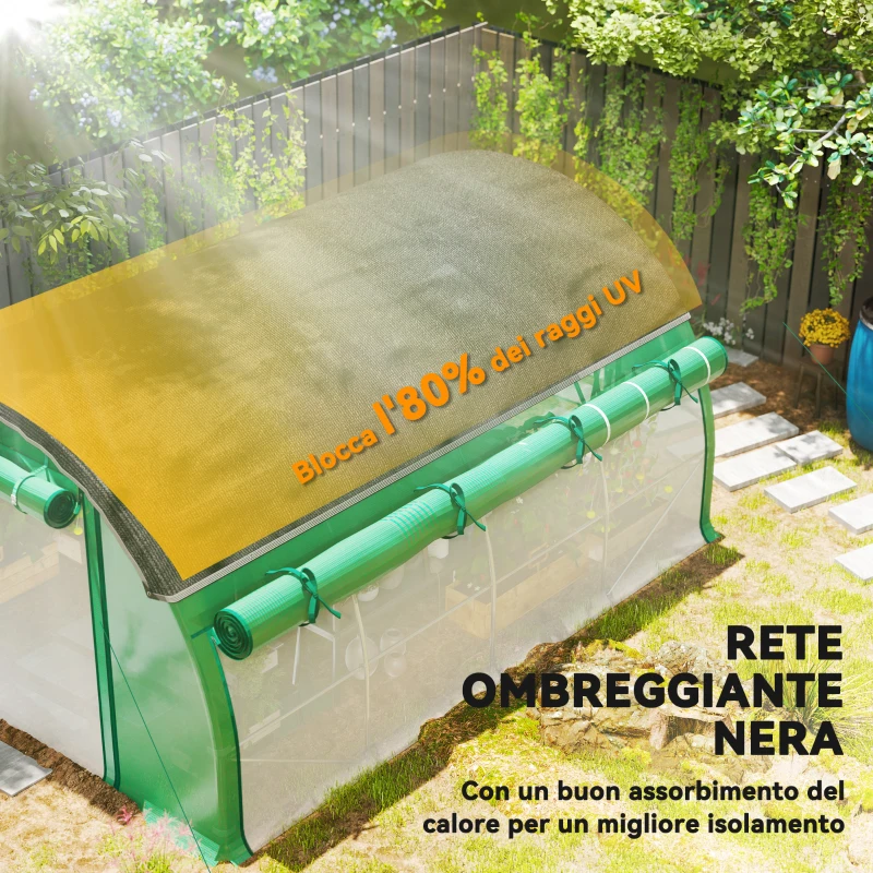 Outsunny Serra a Tunnel 4x3 m con Rete Ombreggiante Extra, Finestre e Ingresso a Zip, in PE e Acciaio, Verde