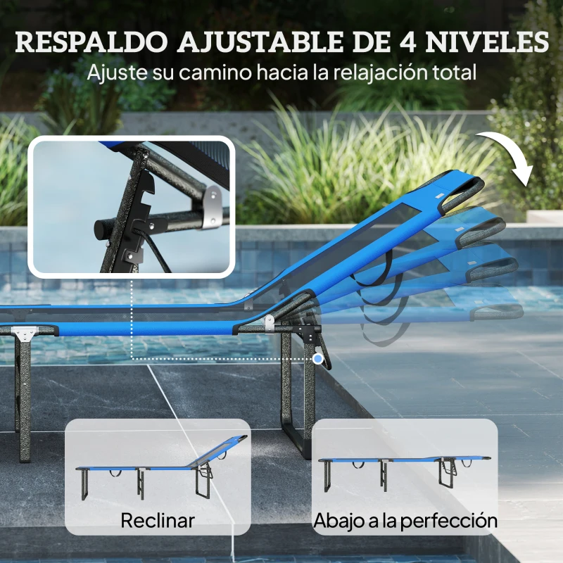 Outsunny Tumbona Plegable con Respaldo Ajustable en 4 Posiciones Asas y Respaldo de Textilene Carga 120 kg 175x58x68 cm Azul