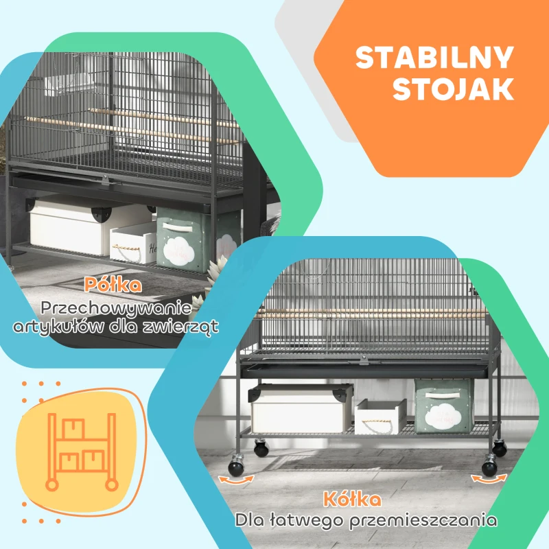 PawHut Klatka dla ptaków z drążkami siedziskowymi, zabawkami dla ptaków, wyjmowaną tacą na dnie, 1 półka, Szary