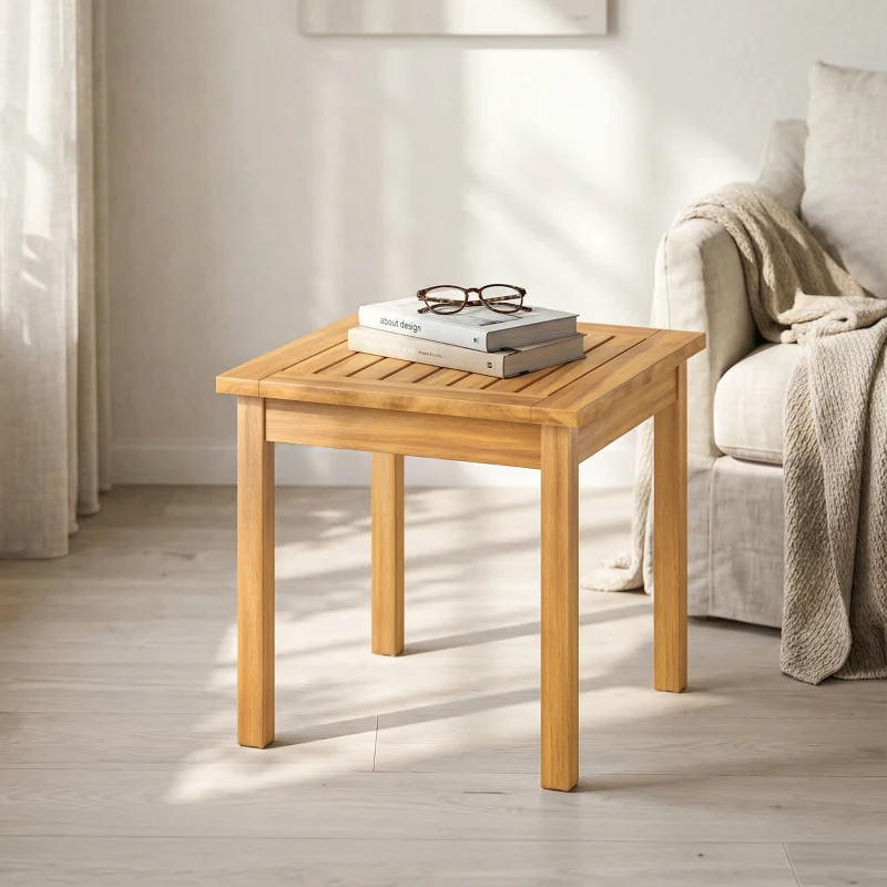 Outsunny Mesa auxiliar 48 x 48 cm resistente a la intemperie mesa de jardín con diseño de listones y pies ajustables, cuadrada