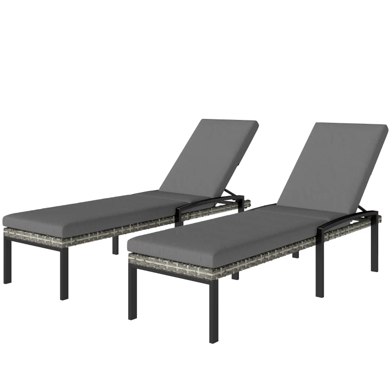 Outsunny Set de 2 șezlonguri Polyrattan, șezlong de grădină cu spătar reglabil în 5 poziții, pernă, până la 120 kg, Gri deschis