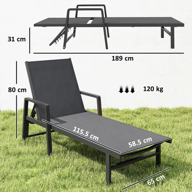 Outsunny Șezlong de grădină din textilenă și aluminiu, reglabil în 4 poziții cu roți și brațere, 65x189x80cm, Gri închis