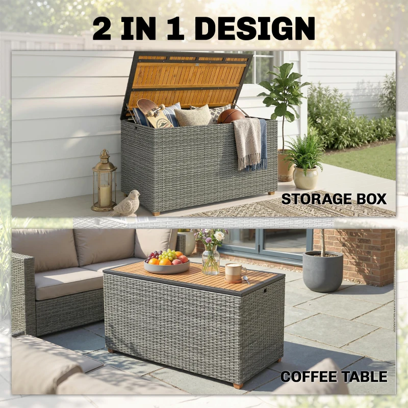 Outsunny Tuinbox 450 L polyrattan waterdicht opbergbox met FSC-houten deksel gasdrukveren voering
