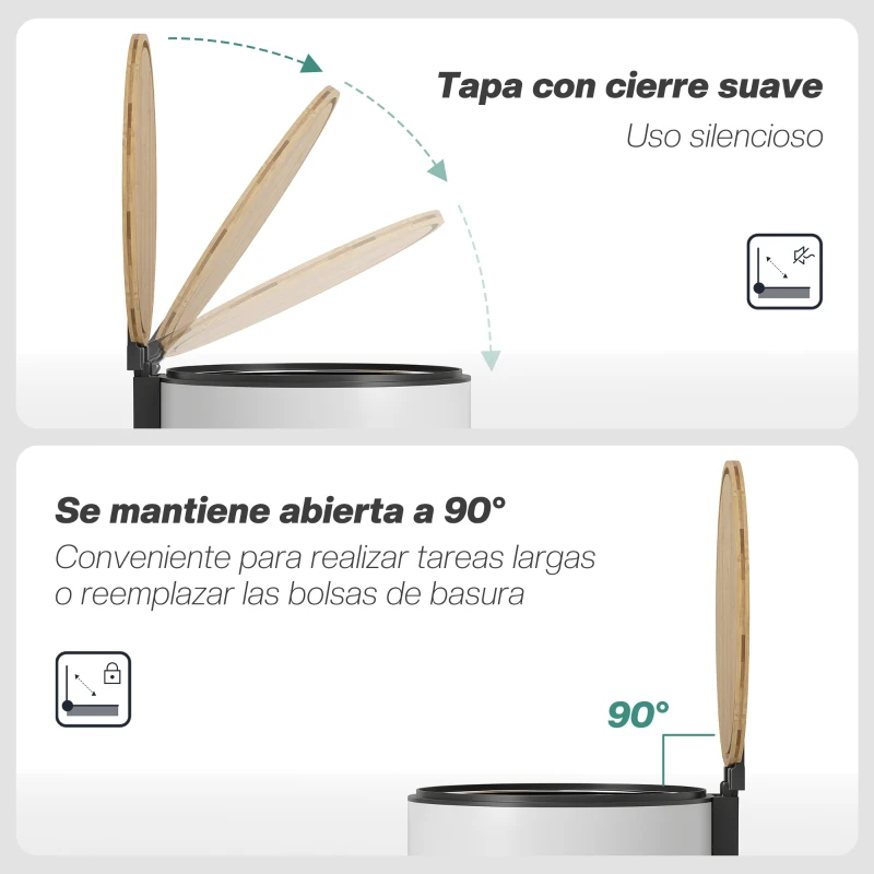 HOMCOM Cubo de Basura Cocina 30L con Pedal Tapa de Bambú de Cierre Suave y Cubo Extraíble para Dormitorio Oficina Salón Blanco