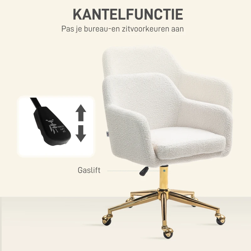 HOMCOM Thuiskantoor Stoel, Hoogteverstelbare Bureaustoel met Wielen, Fluweelachtige Bekleding, Metalen Basis, Crèmewit(m-6)