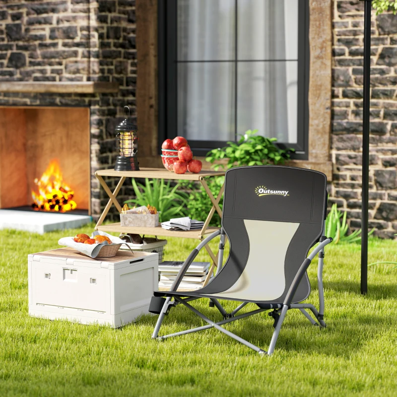 Outsunny Sedia da Spiaggia Pieghevole con Schienale a Rete e Portabicchieri, in Metallo e Tessuto Oxford, 58x55x62 cm, Nero