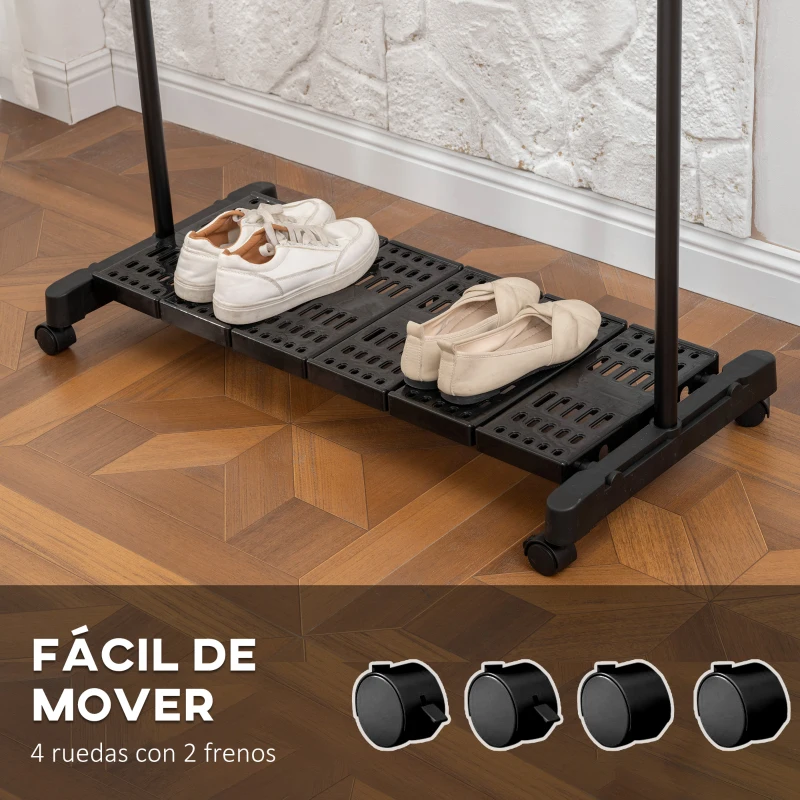 HOMCOM Tendedero Extensible con Ruedas con Barra de Acero Inoxidable y Estante para Zapatos 159x42x168 cm Negro y Plata