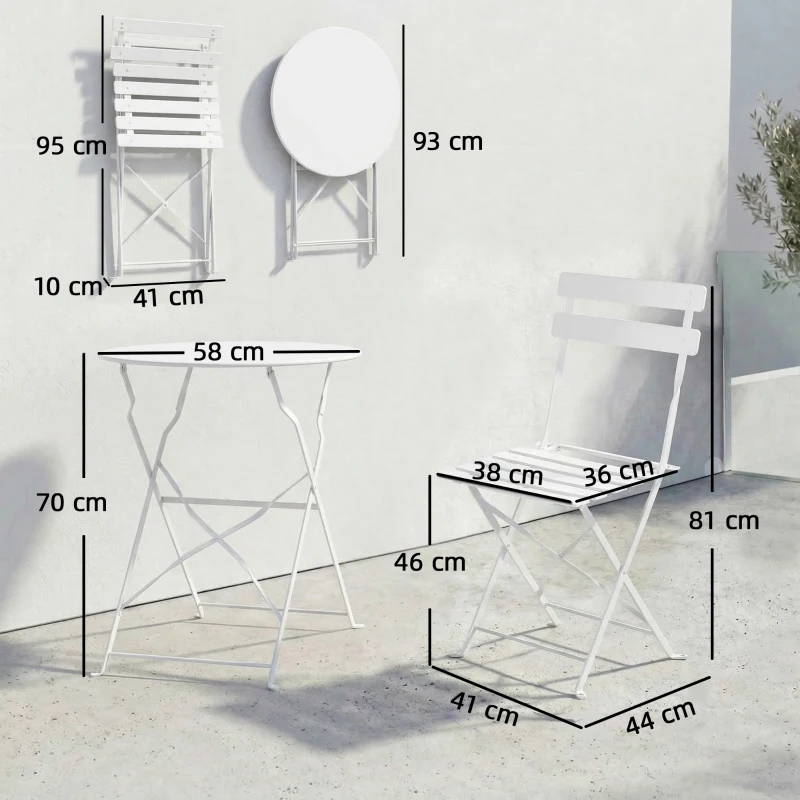 Outsunny Ensemble bistrot extérieur pliant avec table et 2 chaises, blanc