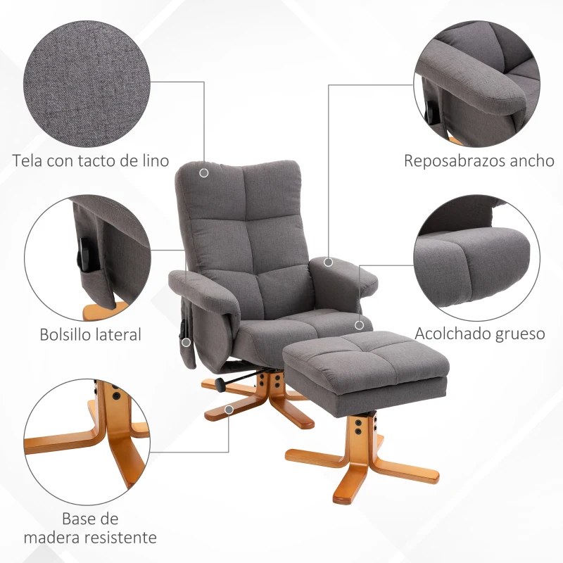HOMCOM Sillón Relax Reclinable con Reposapiés 10 Puntos de Masaje Giratorio Mando a Distancia Bolsillo Lateral Gris Oscuro