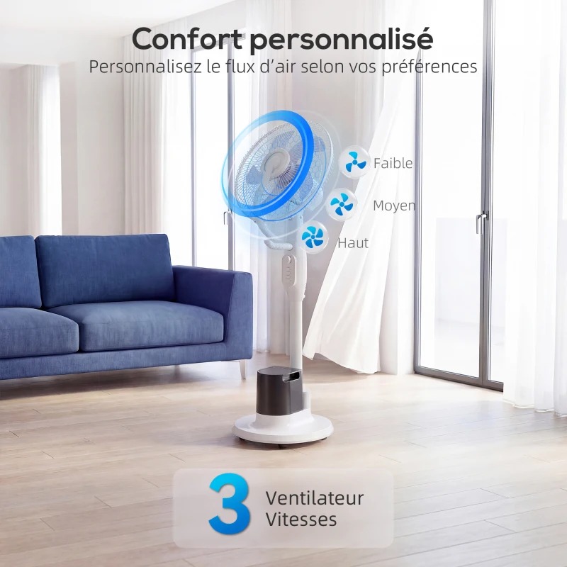 HOMCOM Ventilateur brumisateur 90W, ventilateur sur pied 128cm avec oscillation à 70°, 3 vitesses, réservoir d'eau 3,5L, blanc