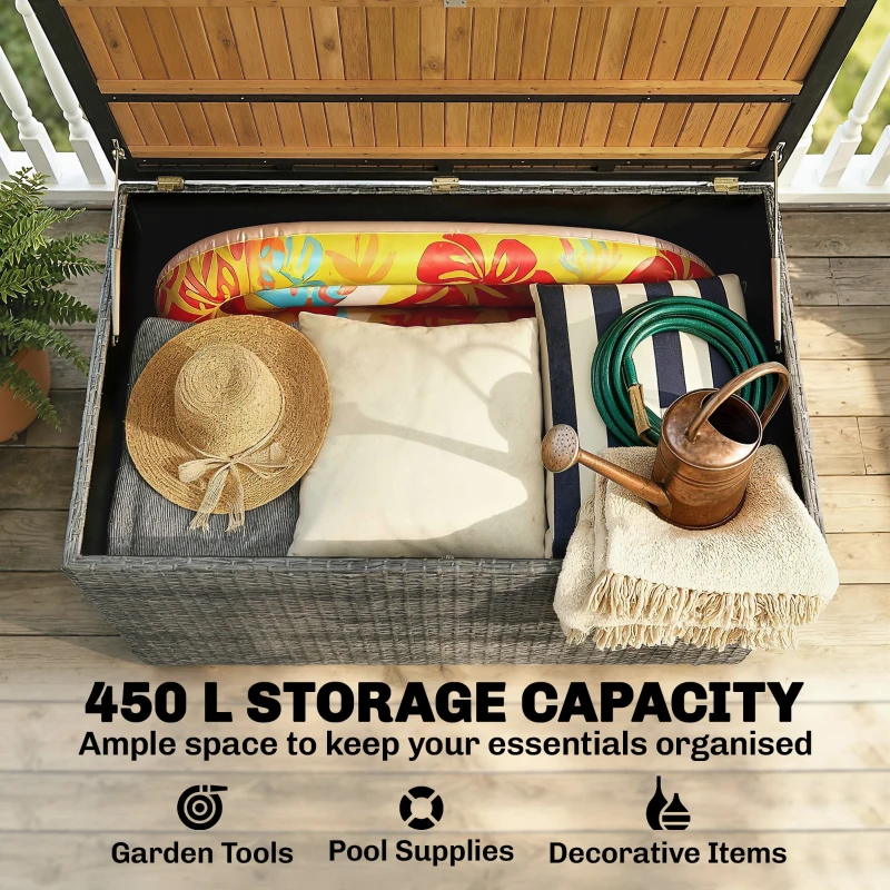 Outsunny Tuinbox 450 L polyrattan waterdicht opbergbox met FSC-houten deksel gasdrukveren voering