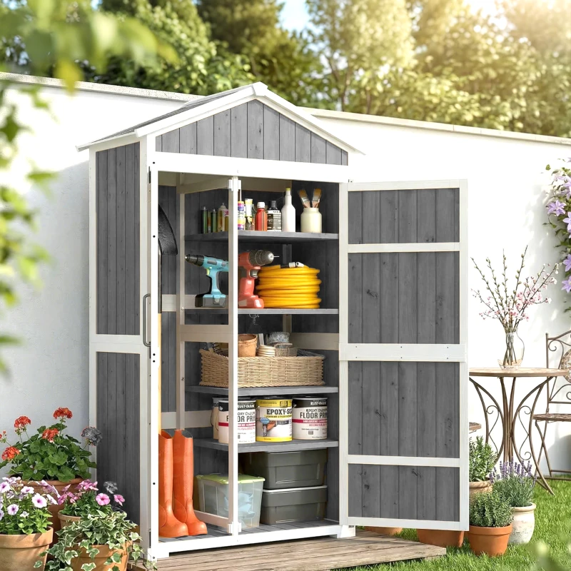 Outsunny Gartenschrank Wasserdichter Außenschrank mit Metalldach Doppeltür für Gartengeräte 105x55x179cm Grau