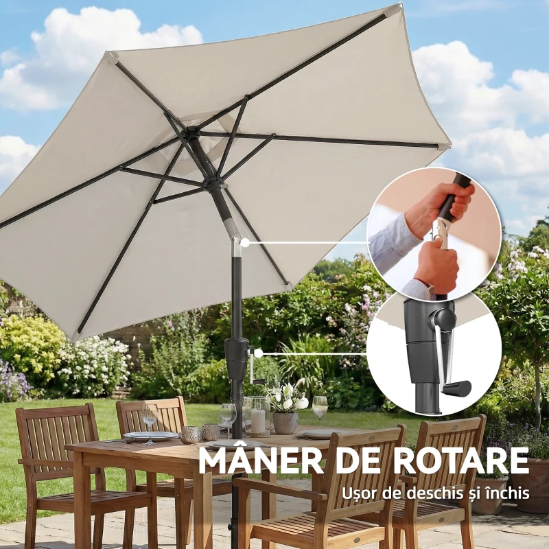 Outsunny Umbrelă de Grădină Inclinabilă 2x2 m cu 6 Spițe și Manivelă, din Metal și Poliester Gri Deschis