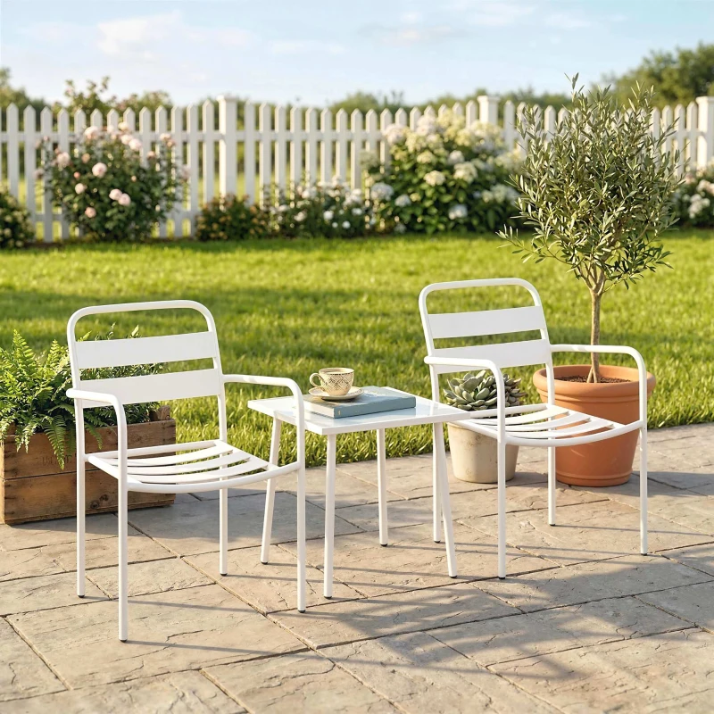 Outsunny Bistroset 3-delig metalen tuinmeubelset met 2 tuinstoelen, glazen tafel, lattenontwerp, roestbestendig