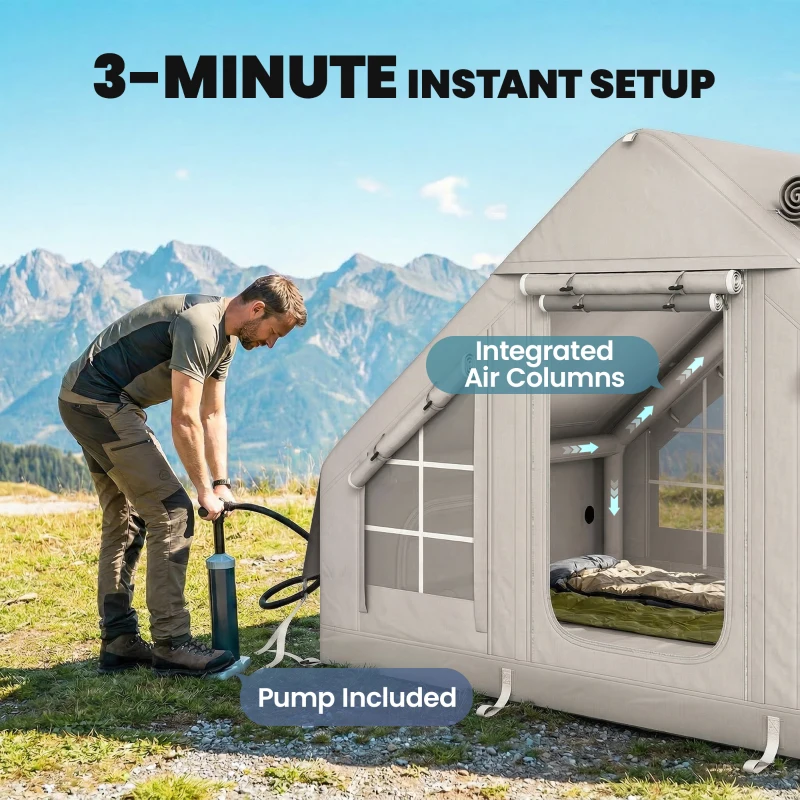 Outsunny Opblaasbare Tent 5-8 Personen Snelle Opzet 8000 mm Waterdicht & Winddicht met Luchtpomp Kachelaansluiting Dakraam