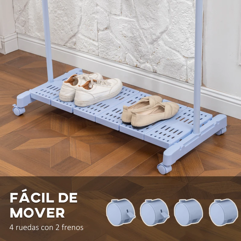 HOMCOM Tendedero Extensible con Ruedas con Barra de Acero Inoxidable y Estante para Zapatos 159x42x168 cm Azul y Plata