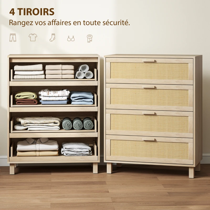 HOMCOM Commode 4 tiroirs cannage en rotin dim. 80L x 40l x 103H cm MDF Aspect Bois Clair