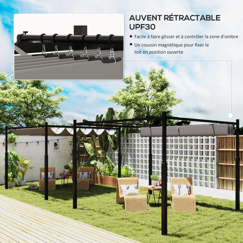 Outsunny Pergola de jardin exterieur 3 x 3 m avec toit rétractable et fixation magnétique, abri soleil UPF30+, gris