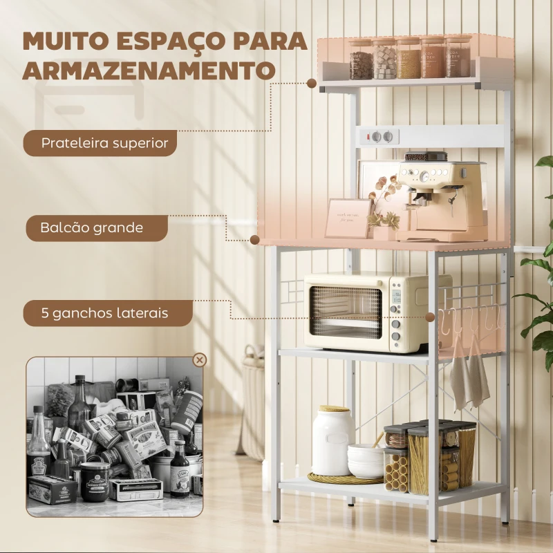 HOMCOM Estante de Cozinha com 2 Tomadas Prateleira para Micro-ondas Prateleira Ajustável Ganchos 60x42x137 cm Branco
