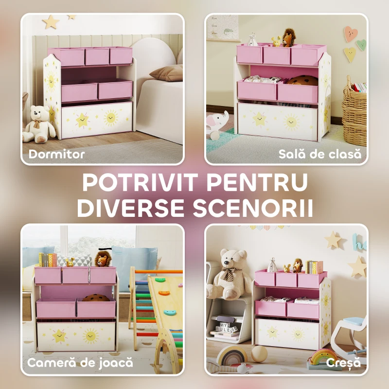 AIYAPLAY Raft pentru Depozitarea Jucăriilor Copii cu 3 Niveluri și 6 Containere din Material Textil Detasabile, Mobilier pentru Camera de Joacă, Dormitor și Living, Roz