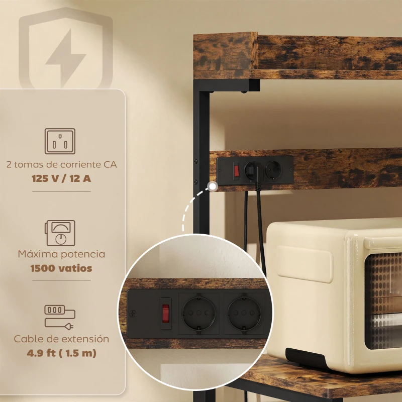 HOMCOM Estantería de Cocina con 2 Tomacorrientes Estante para Microondas Estante Ajustable Ganchos 60x42x137 cm Marrón Rústico