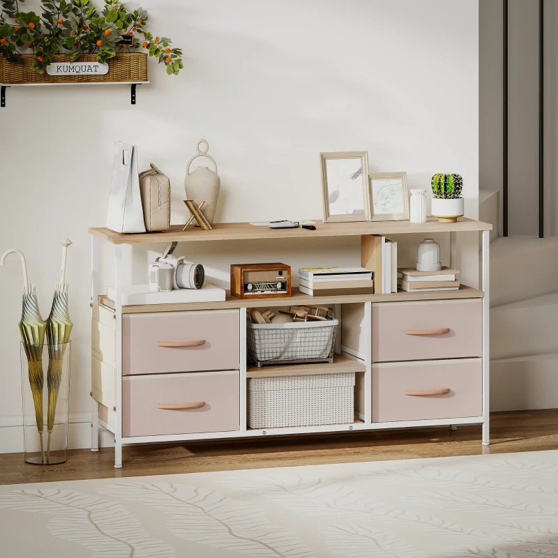 HOMCOM Mueble de TV con Luz LED y Enchufes Puertos USB Estantes Abiertos 4 Cajones plegables 120x30x67,5 cm Beige y Blanco