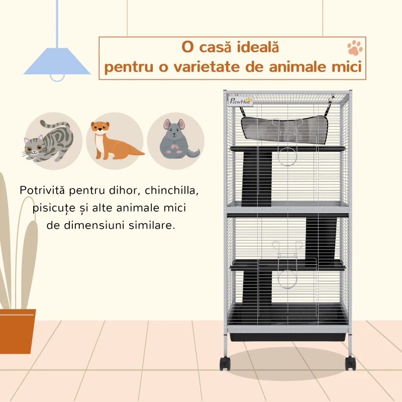 PawHut Cușcă pentru Porcușori de Guineea și Chinchilla, din Oțel, cu 3 Niveluri, Roți și Tavă Detasabilă, Gri Deschis
