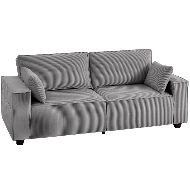 HOMCOM Canapé 3 places 218 cm, canapé moderne en velours côtelé avec rembourrage à ressorts ensachés, accoudoirs larges et 2 coussins, gris clair