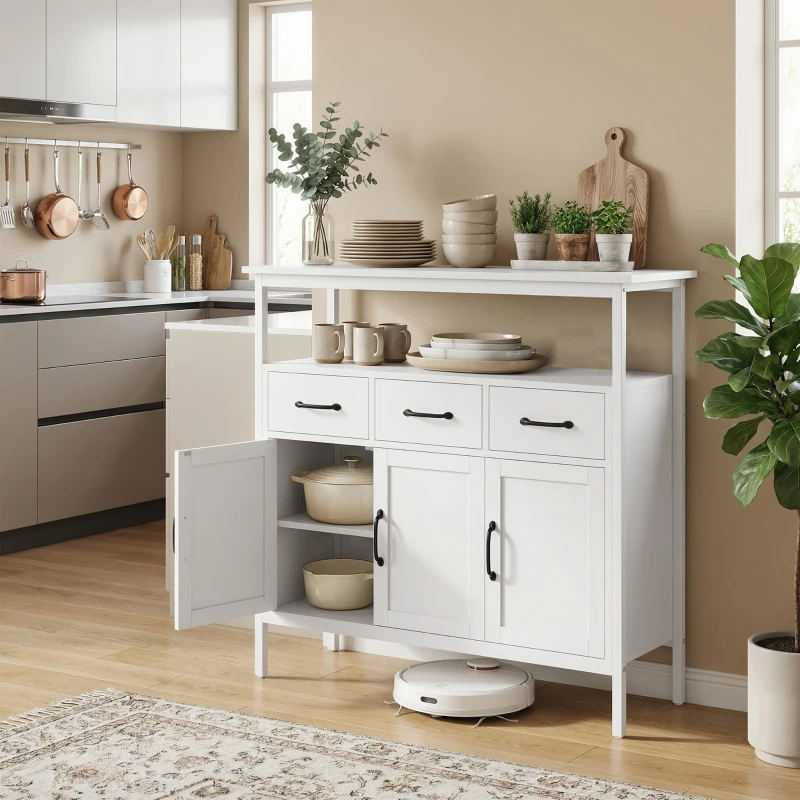 HOMCOM Aparador cozinha, móvel de arrumação, 3 portas, 3 gavetas, compartimento aberto e prateleiras ajustáveis, 95x35x88cm, branco