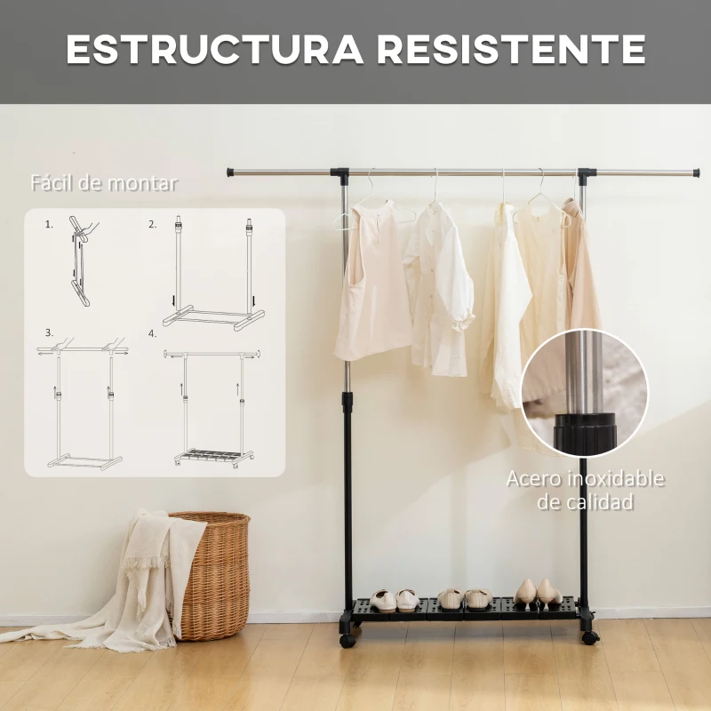HOMCOM Tendedero Extensible con Ruedas con Barra de Acero Inoxidable y Estante para Zapatos 159x42x168 cm Negro y Plata