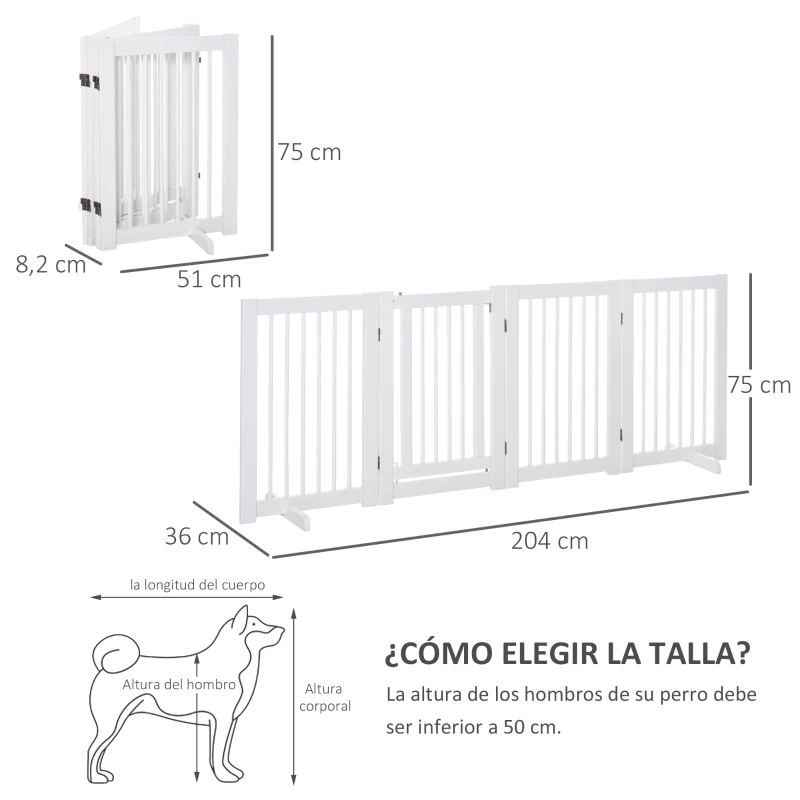 PawHut Barrera de Seguridad para Perros Plegable de Madera para Escaleras y Puertas con Soporte de Pie 204x36x75 cm Blanco