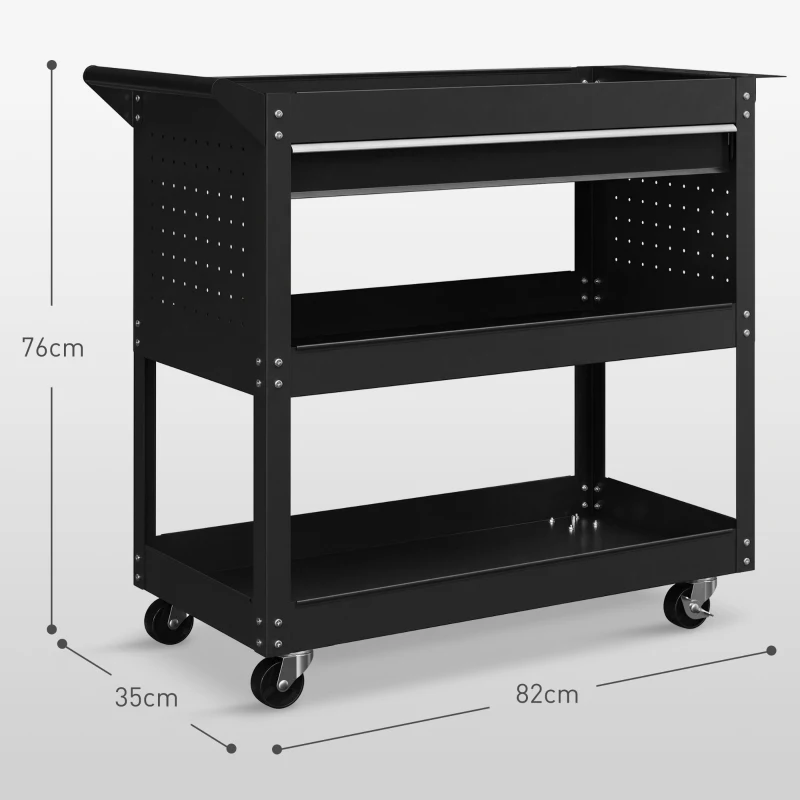 DURHAND Carrello 3 Livelli in Acciaio con Cassetto, Porta Utensili Laterale e Maniglia, Nero