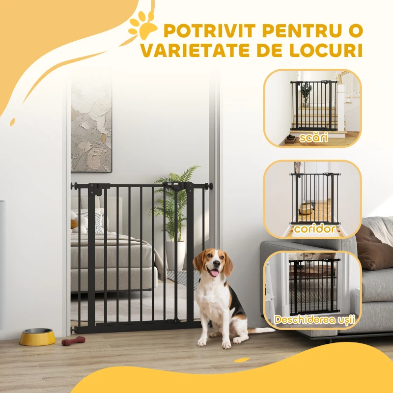 PawHut Barieră pentru Câini și Animale de Companie cu Închidere Automată pentru Scări și Intrări, 68x77 cm, Negru