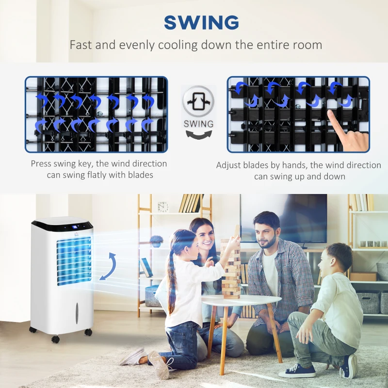 HOMCOM Răcitor de Aer Portabil 4-în-1 de 10L cu Umidificator, Sistem de Răcire, Timer 8 Ore, Telecomandă, pentru Încăperi de până la 20㎡, 60W, ABS, Alb și Negru, 38,2 x 31,6 x 76 cm