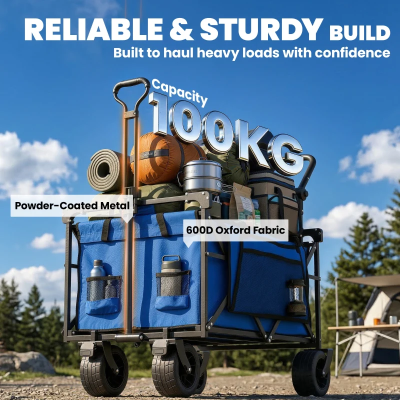 Outsunny Chariot de Jardin Pliable avec Grandes Roues Verrouillables Barre Réglable Porte-gobelet pour Camping 125x59x133 cm Azul