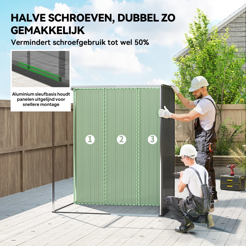 Outsunny Metalen tuinhuis 1,37 m², tuinschuur met moeiteloze montage schuindak schuifdeur ventilatie handschoenen