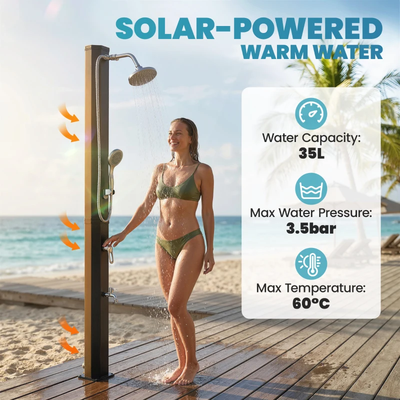 Outsunny Zonnedouche 35L Tuindouche met Vorstbescherming draaibare regendouchekop kraan, aansluiting voor tuinslang