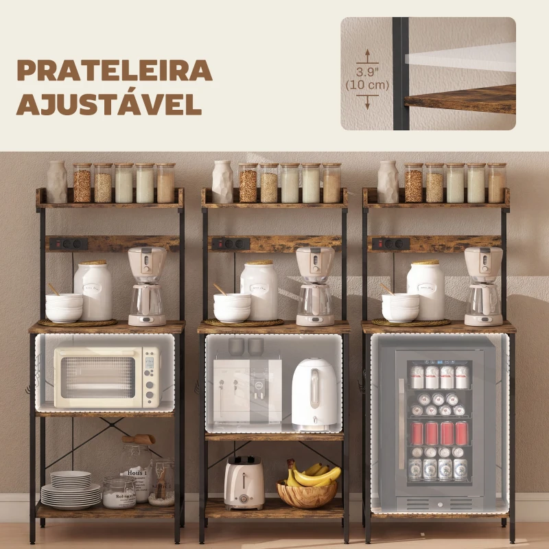 HOMCOM Estante de Cozinha com 2 Tomadas Prateleira para Micro-ondas Prateleira Ajustável Ganchos 60x42x137 cm Castanho Rústico