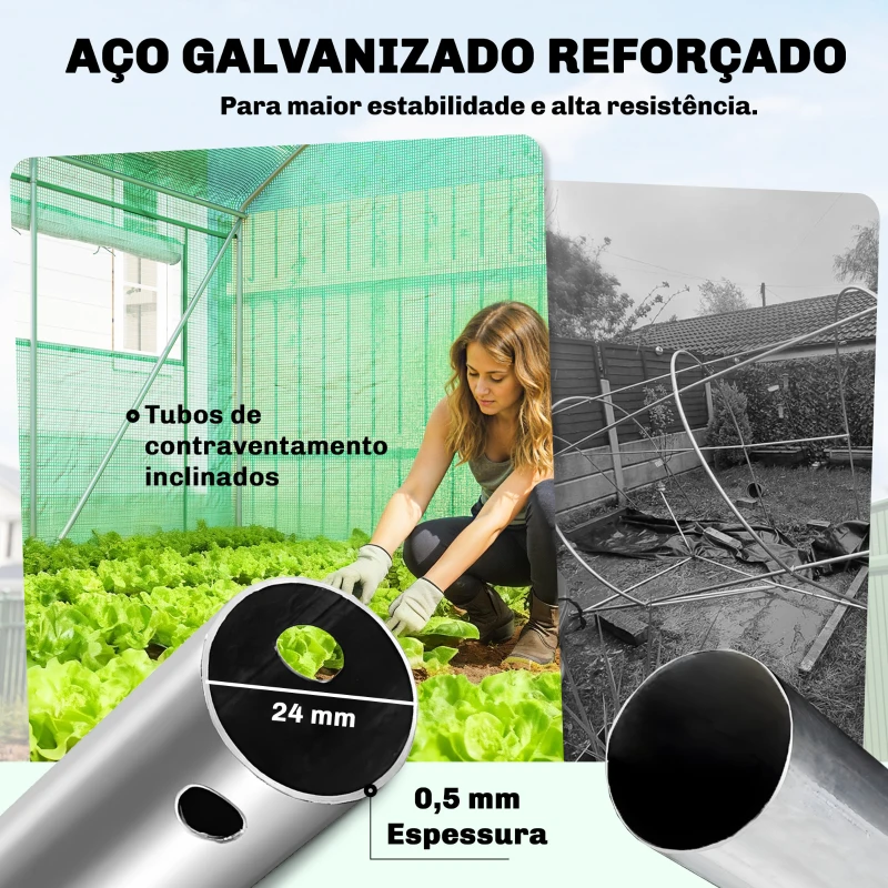 Outsunny Estufa Tipo Túnel 6x3x2 m com 3 Portas Enroláveis 6 Janelas com Rede e Estrutura de Aço Galvanizado Verde