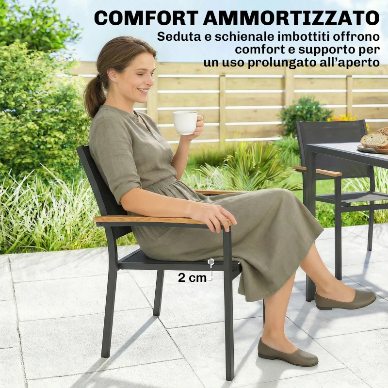 Outsunny Set 2 Sedie Giardino Impilabili con Seduta e Schienale Imbottiti, Grigio Scuro
