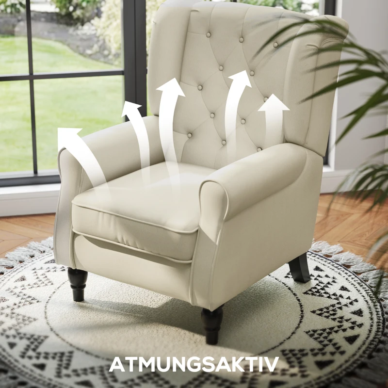 HOMCOM Wing Chair Relax Chair Armchair, Vintage Design, Button Tufting, Turned Legs, 74 cm x 86 cm x 102 cm, Cream White