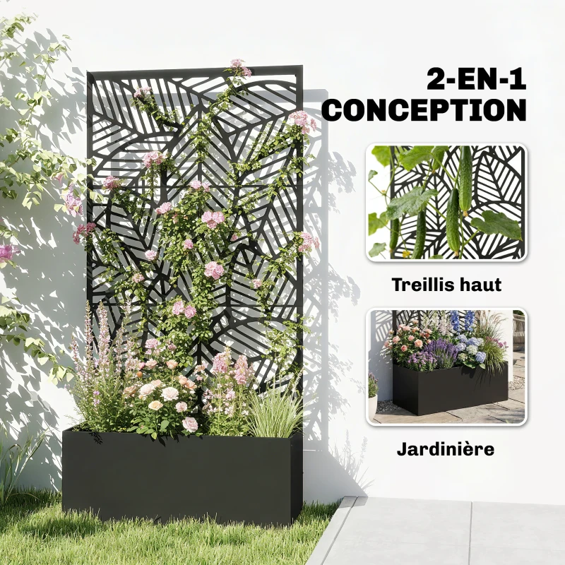 Outsunny Jardinière avec treillis, bac à fleurs, lit surélevé avec brise-vue, pour plantes grimpantes métal 90 x 30 x 170 cm noir