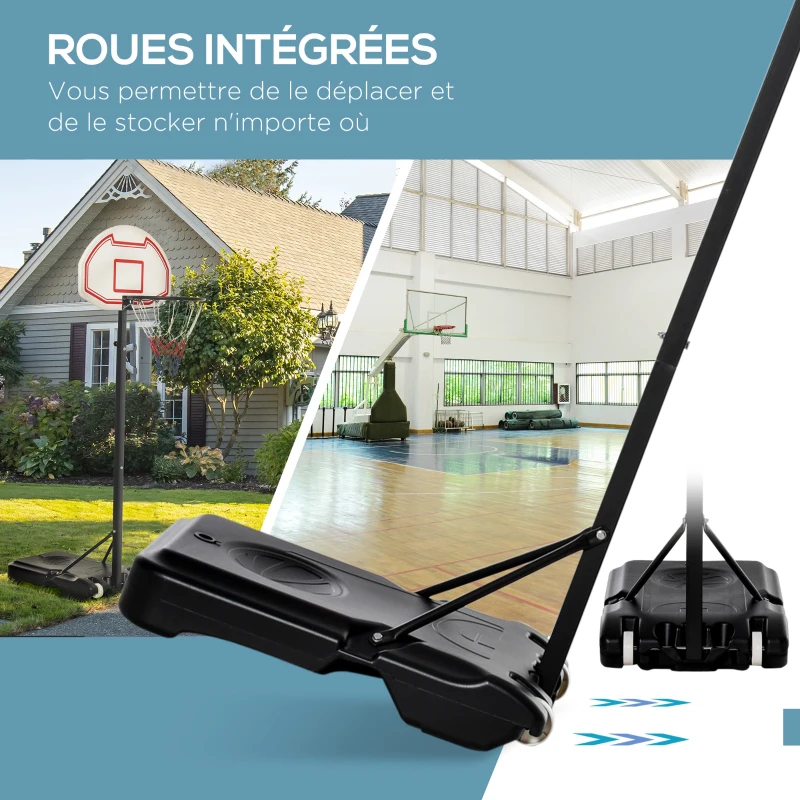 HOMCOM Panier de Basket-Ball sur pied avec poteau panneau, base de lestage sur roulettes hauteur réglable 1,9 - 2,5 m noir blanc