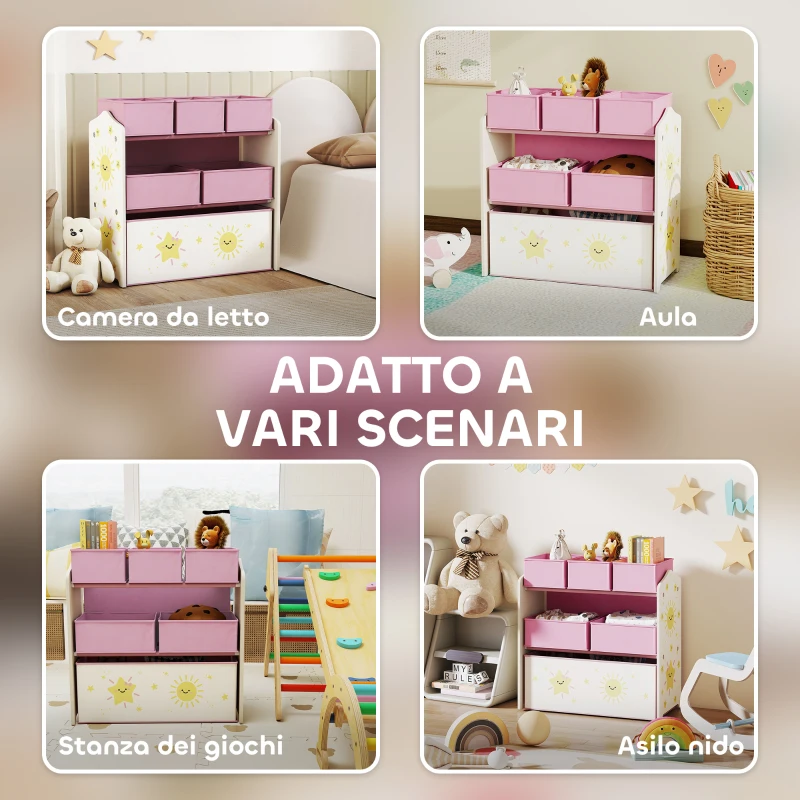 AIYAPLAY Scaffale Portagiochi Mobile Porta Giocattoli 3 Livelli 6 Cesti, Rosa