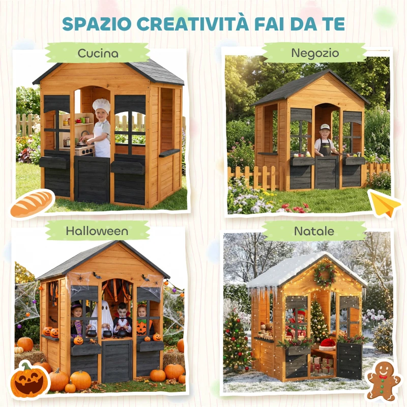 AIYAPLAY Casetta in Legno Bambini con Vasi Fiori, per Gioco Esterno/Interno, Età 3–8, Marrone
