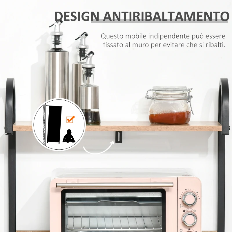 HOMCOM Mobiletto Microonde da Cucina con 4 Ripiani e 4 Ganci, in Acciaio e Legno, 60x40x125 cm, Color Legno