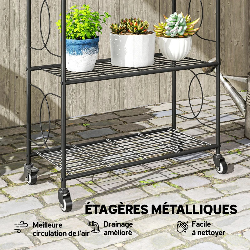 Outsunny Étagère à Fleurs en métal 4 Niveaux avec roues Intérieur et Extérieur, support de plantes 67 x 29 x 114 cm Noir