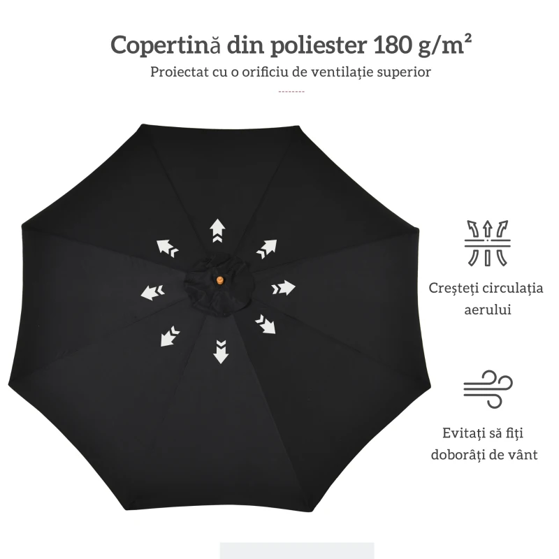 Outsunny Umbrelă de Grădină 3 m cu Stâlp din Lemn, 8 Spițe și Acoperire din Poliester, Neagră