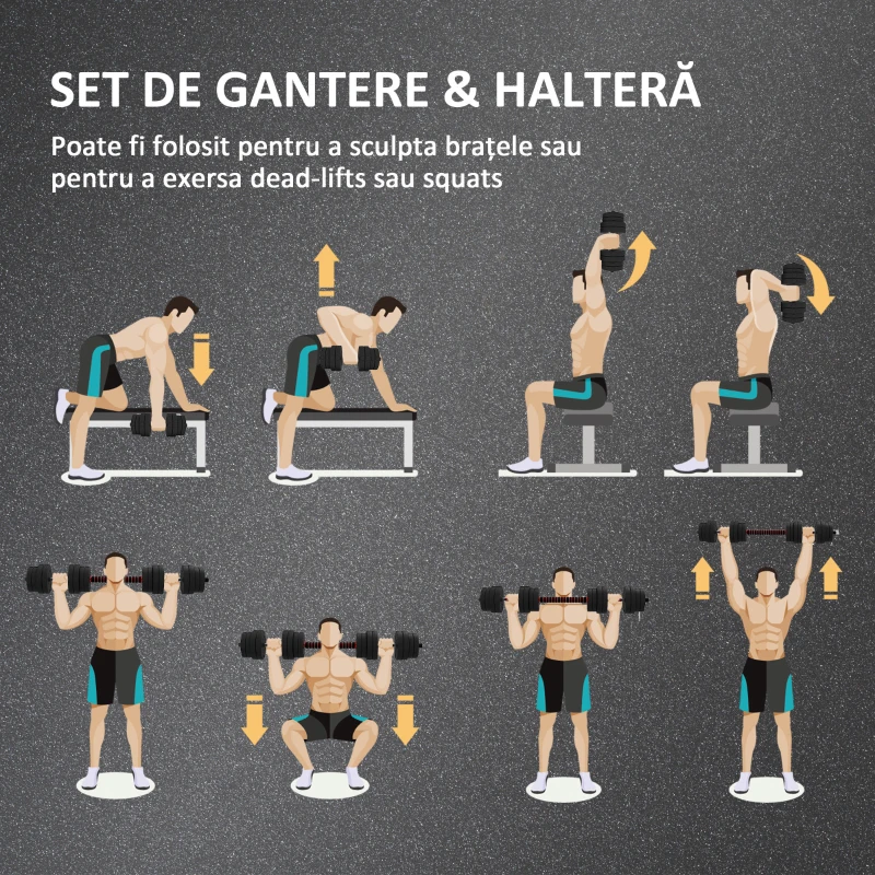 HOMCOM Set 2 Gantere Antiderapante cu 16 Discuri de Greutăți, Greutate Totală 30 kg, și Conector, din Oțel, HDPE și Nisip, Negru